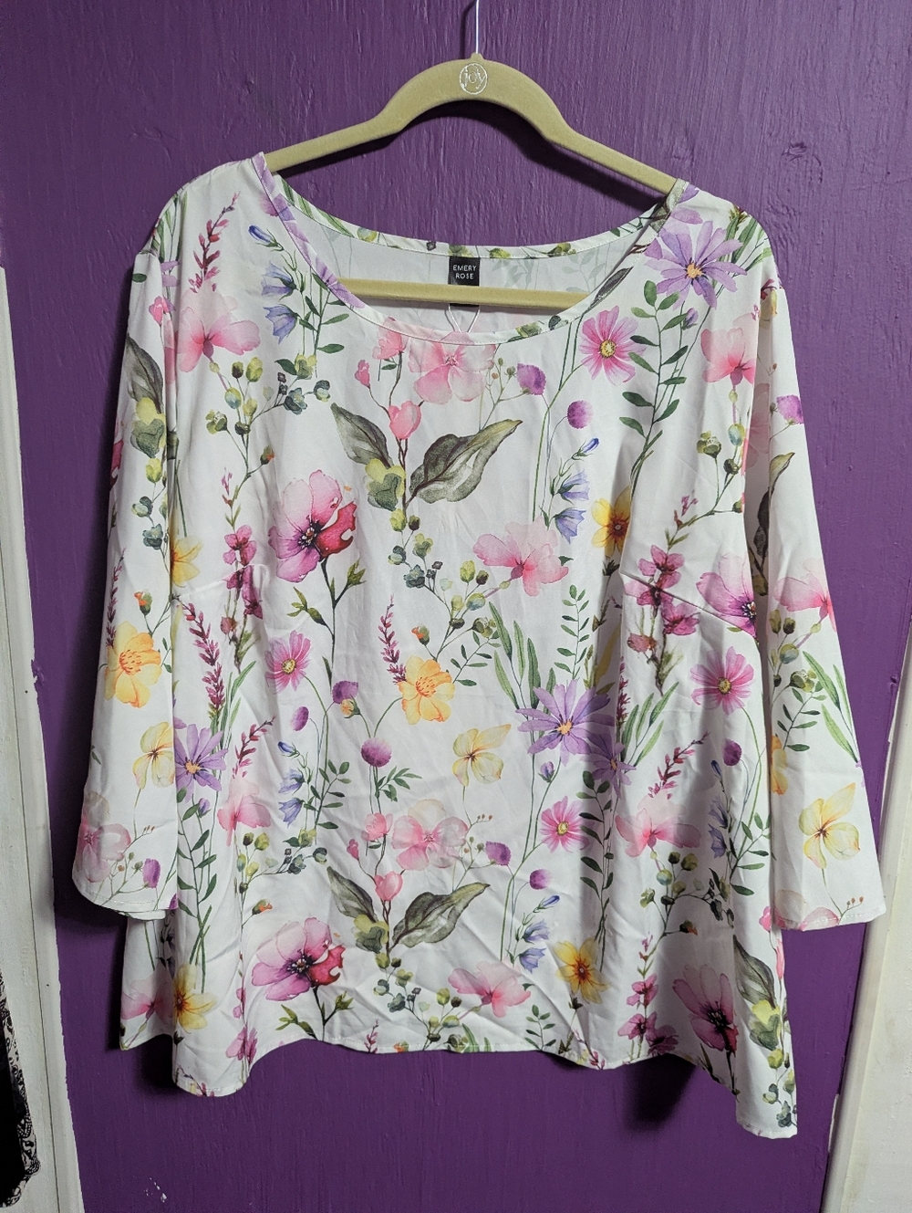 💜 NWT Emery Rose White Colorful Floral 3/4 Sleeve Blouse 3X 22 24